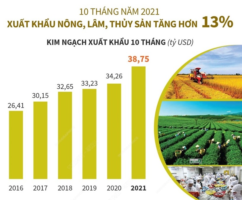 Xuất khẩu nông, lâm, thủy sản 10 tháng tăng hơn 13%