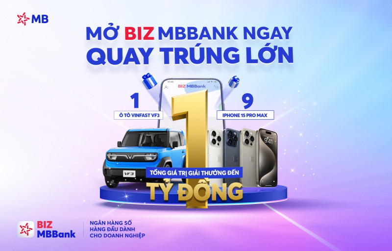 Mở tài khoản BIZ MBBank, rinh xe hơi Vinfast VF3 và iPhone 15 Pro Max